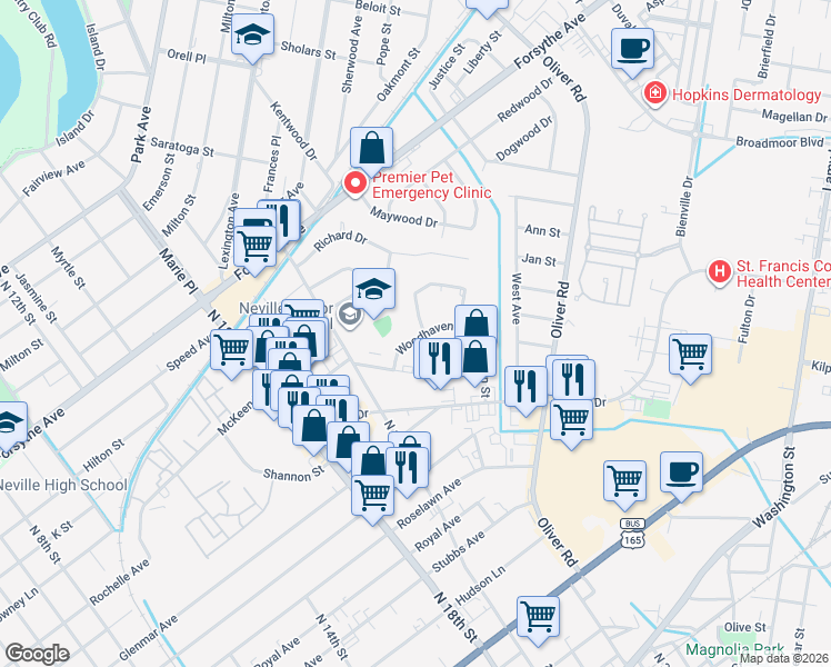 map of restaurants, bars, coffee shops, grocery stores, and more near 1801 Townhouse Drive in Monroe
