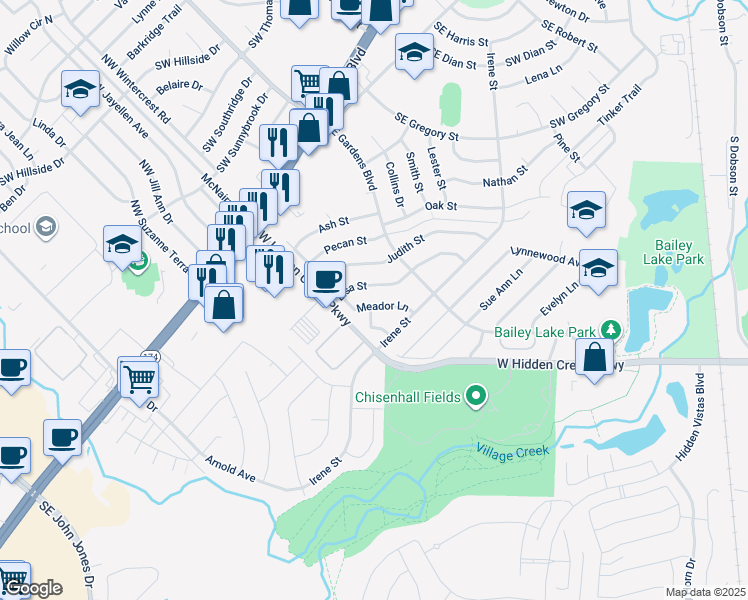 map of restaurants, bars, coffee shops, grocery stores, and more near 335 Meador Lane in Burleson