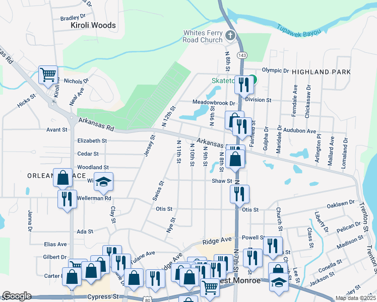 map of restaurants, bars, coffee shops, grocery stores, and more near 2622 North 10th Street in West Monroe