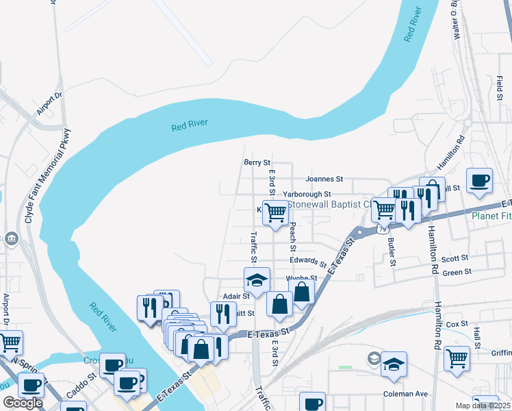 map of restaurants, bars, coffee shops, grocery stores, and more near 317 Kelly Street in Bossier City