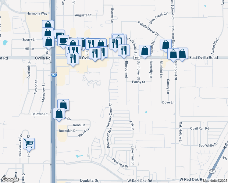 map of restaurants, bars, coffee shops, grocery stores, and more near 405 Foliage Circle in Red Oak