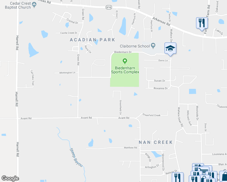 map of restaurants, bars, coffee shops, grocery stores, and more near 141 Greenfield Circle in West Monroe