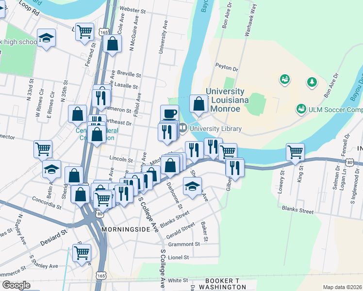 map of restaurants, bars, coffee shops, grocery stores, and more near 109 Bayou Trace Drive in Monroe