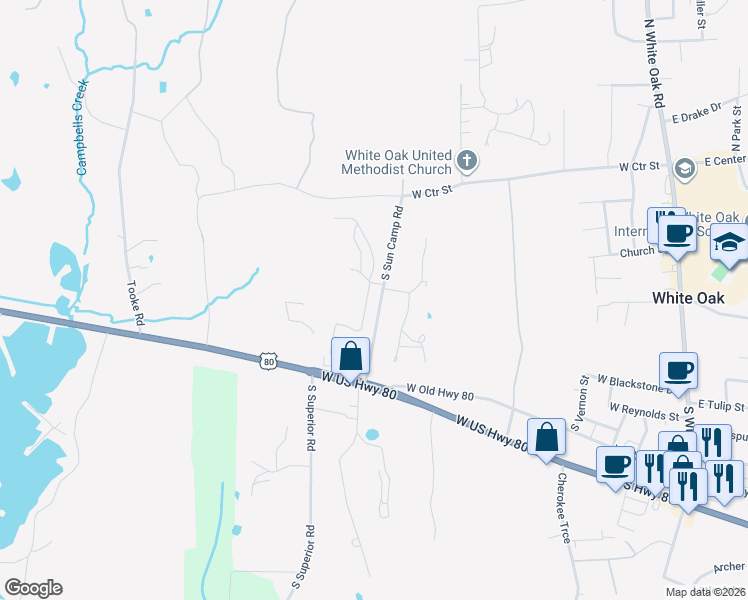map of restaurants, bars, coffee shops, grocery stores, and more near 403 South Sun Camp Road in Clarksville City