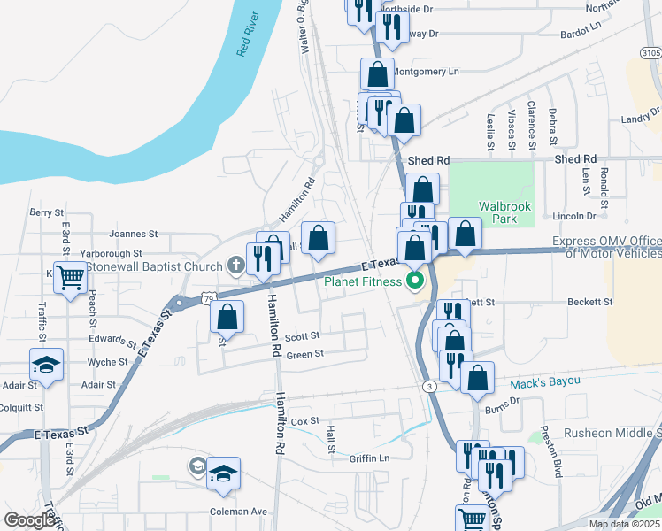 map of restaurants, bars, coffee shops, grocery stores, and more near 2010 East Texas Street in Bossier City