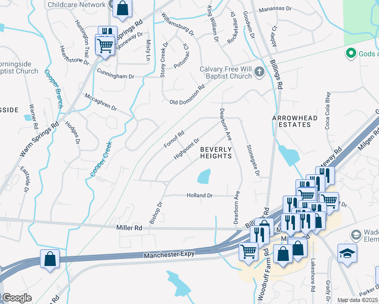 map of restaurants, bars, coffee shops, grocery stores, and more near 5901 Bishop Drive in Columbus