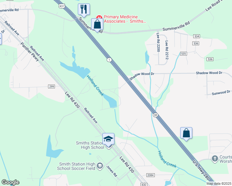 map of restaurants, bars, coffee shops, grocery stores, and more near 19707 Alabama 1 in Smiths Station