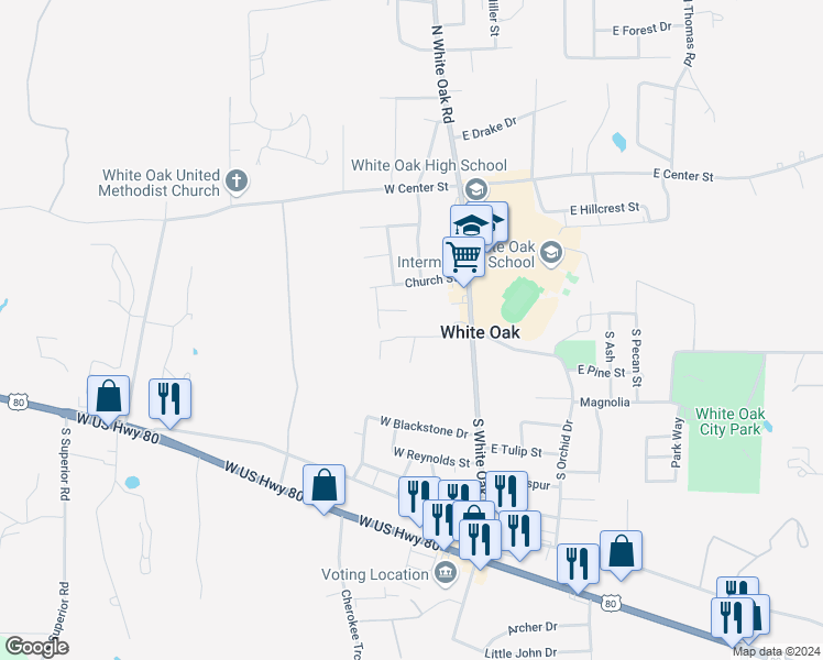 map of restaurants, bars, coffee shops, grocery stores, and more near 204 West Bingham Road in White Oak