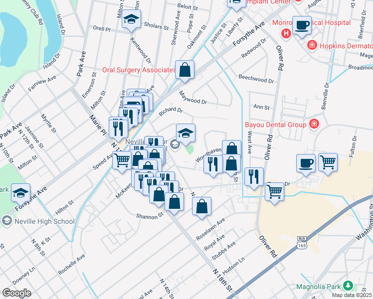 map of restaurants, bars, coffee shops, grocery stores, and more near 1600 North 19th Street in Monroe
