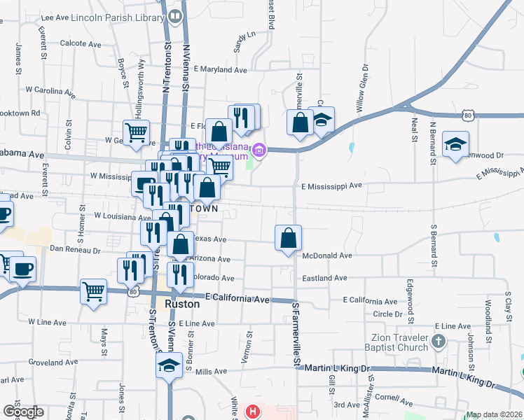 map of restaurants, bars, coffee shops, grocery stores, and more near 100 South Hazel Street in Ruston