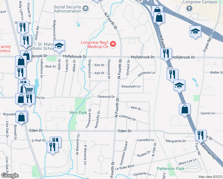 map of restaurants, bars, coffee shops, grocery stores, and more near 2404 Fleetwood Drive in Longview