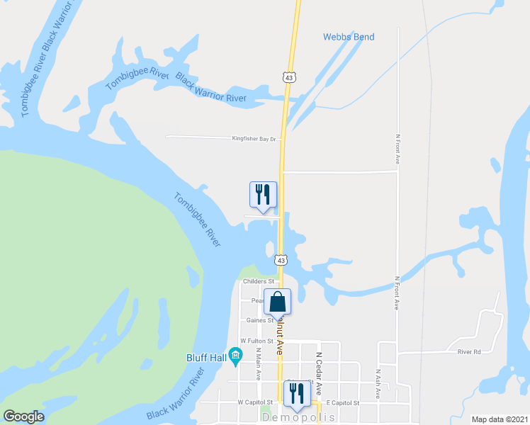 map of restaurants, bars, coffee shops, grocery stores, and more near 110 Yacht Basin Drive in Demopolis