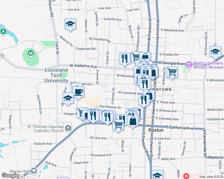 map of restaurants, bars, coffee shops, grocery stores, and more near 507 West Louisiana Avenue in Ruston