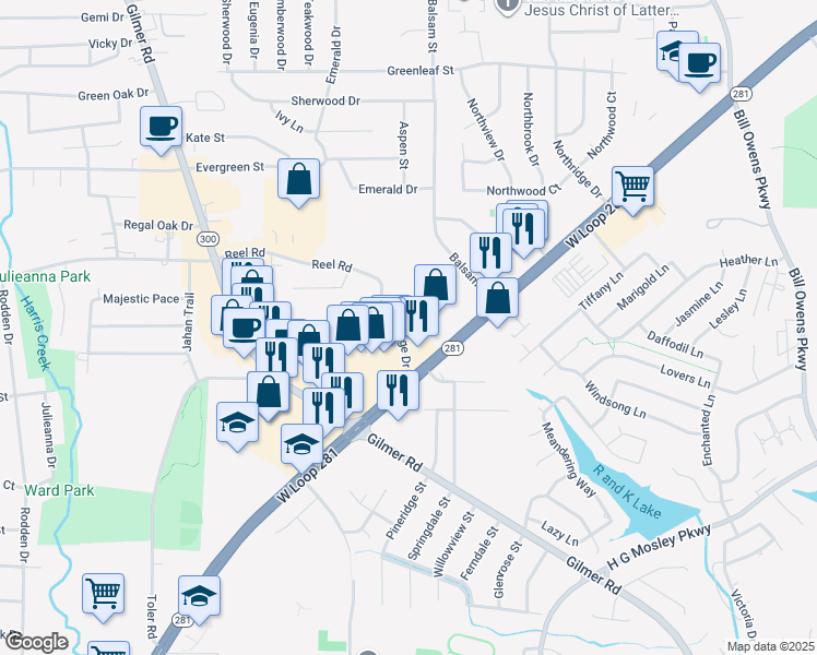 map of restaurants, bars, coffee shops, grocery stores, and more near 106 Village Drive in Longview