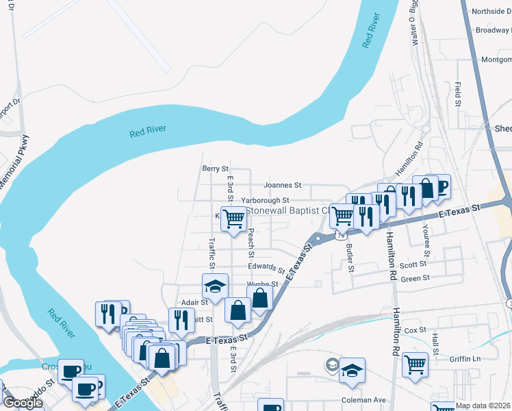 map of restaurants, bars, coffee shops, grocery stores, and more near 424 Kelly Street in Bossier City