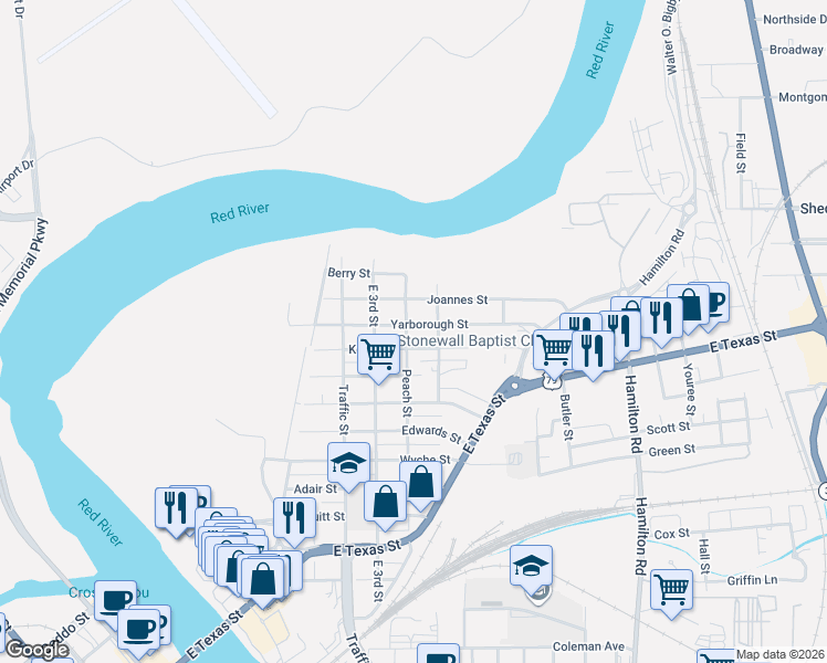map of restaurants, bars, coffee shops, grocery stores, and more near 424 Kelly Street in Bossier City