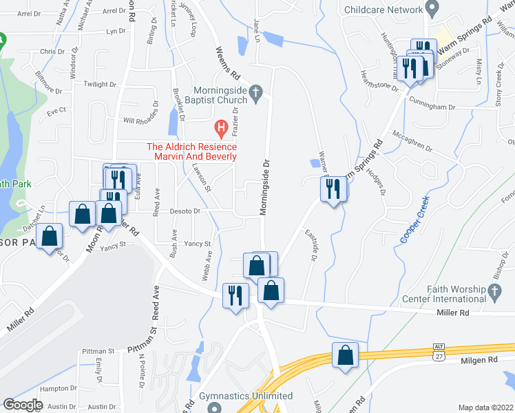 map of restaurants, bars, coffee shops, grocery stores, and more near 5917 Morningside Drive in Columbus