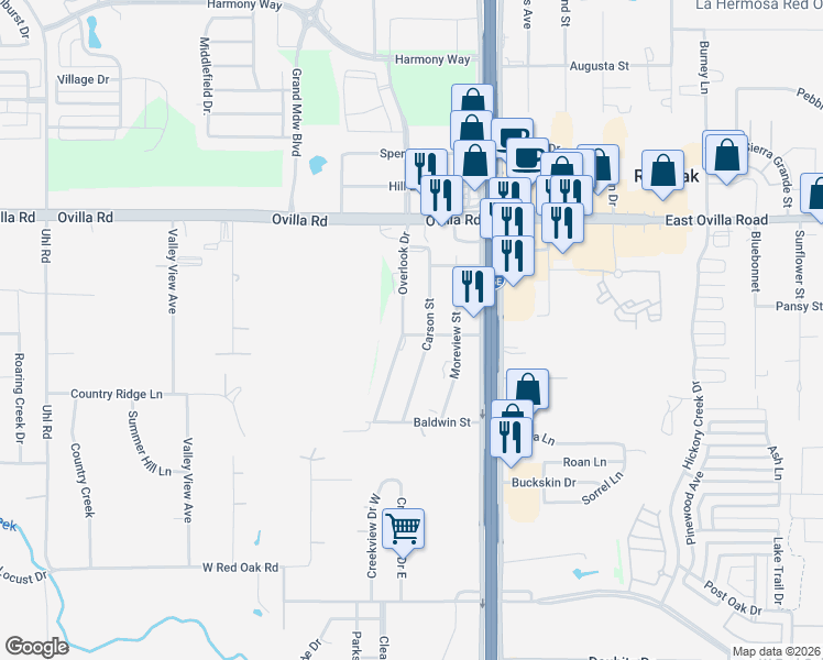 map of restaurants, bars, coffee shops, grocery stores, and more near 225 Overlook Drive in Red Oak