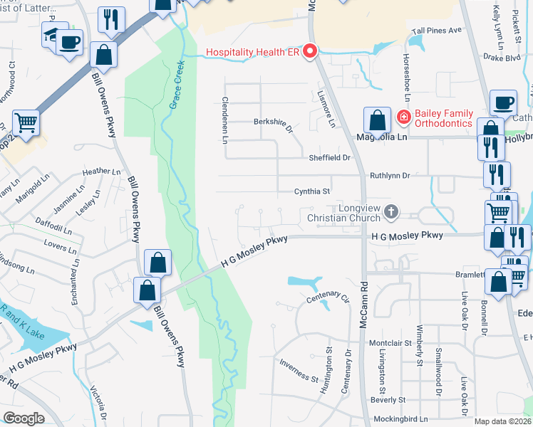 map of restaurants, bars, coffee shops, grocery stores, and more near 102 Cortland Circle in Longview