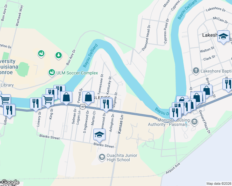 map of restaurants, bars, coffee shops, grocery stores, and more near 111 Virginia St in Monroe