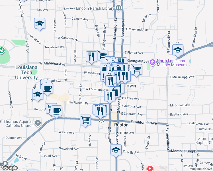 map of restaurants, bars, coffee shops, grocery stores, and more near 211 West Railroad Avenue in Ruston
