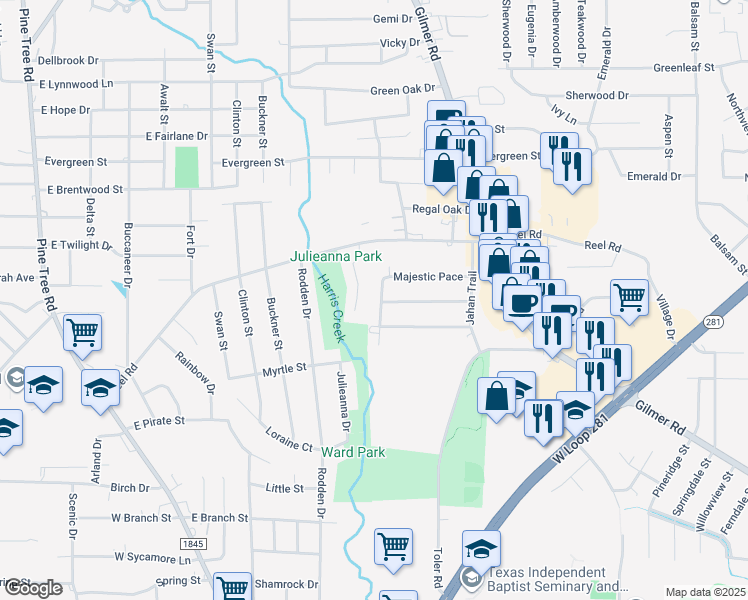 map of restaurants, bars, coffee shops, grocery stores, and more near 2003 Seabiscuit Trace in Longview