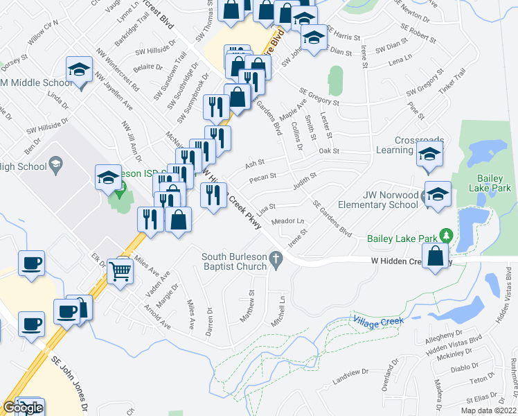 map of restaurants, bars, coffee shops, grocery stores, and more near 824 Lisa Street in Burleson