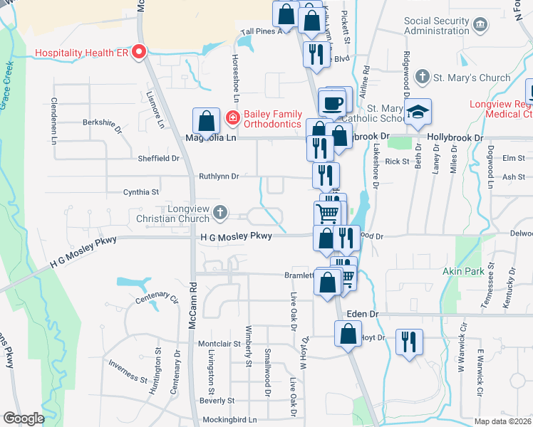 map of restaurants, bars, coffee shops, grocery stores, and more near 417 Hampton Court in Longview
