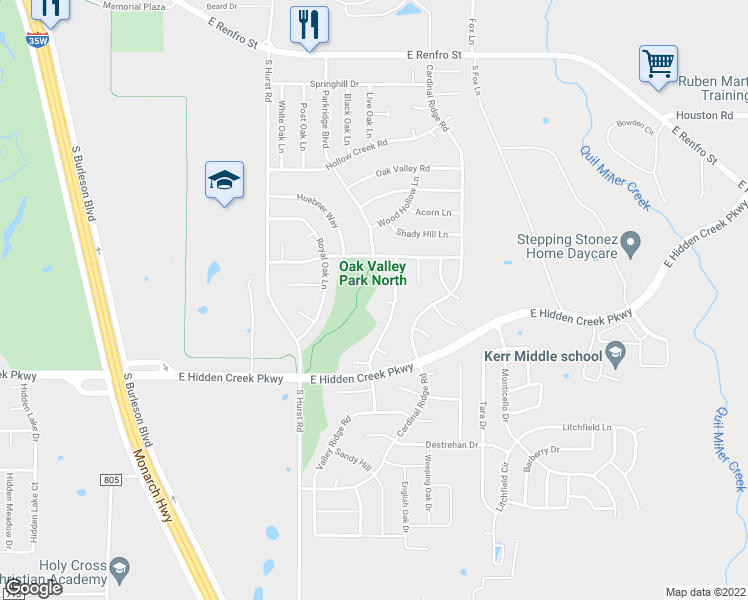 map of restaurants, bars, coffee shops, grocery stores, and more near 830 Valley Terrace Road in Burleson