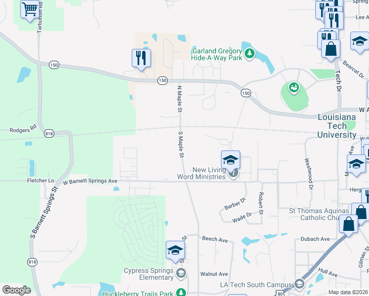 map of restaurants, bars, coffee shops, grocery stores, and more near 225 South Maple Street in Ruston