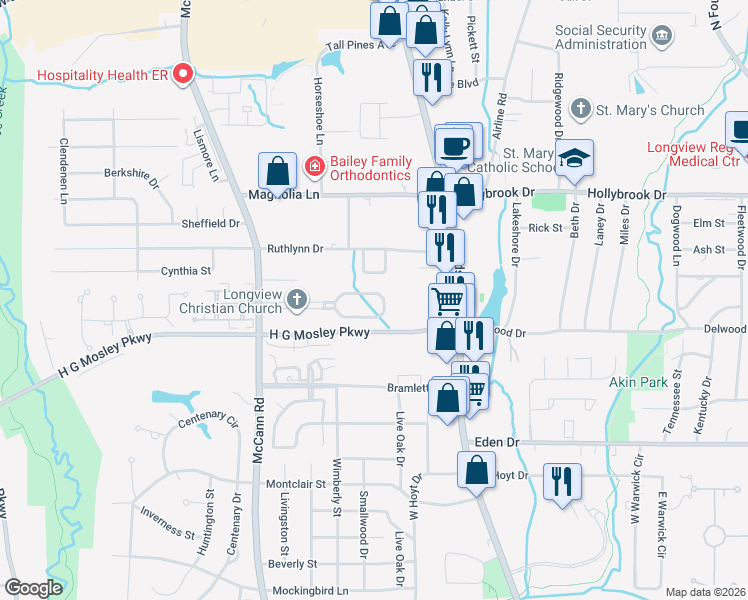 map of restaurants, bars, coffee shops, grocery stores, and more near 16 Creekmont Lane in Longview