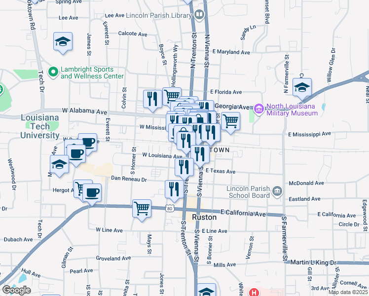 map of restaurants, bars, coffee shops, grocery stores, and more near 208 West Park Avenue in Ruston