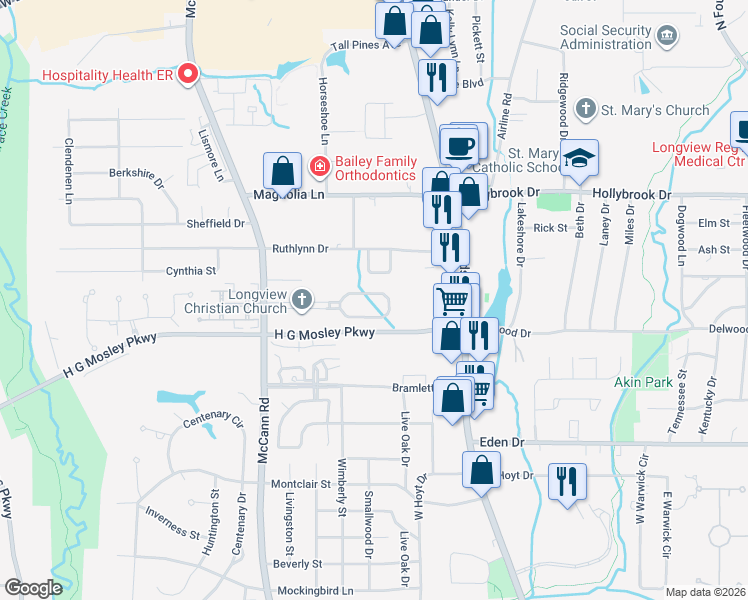 map of restaurants, bars, coffee shops, grocery stores, and more near 16 Creekmont Lane in Longview