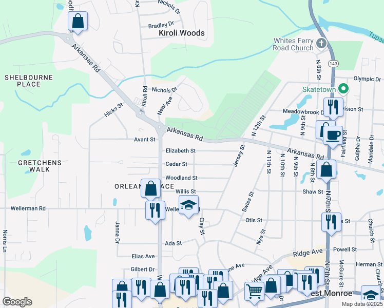 map of restaurants, bars, coffee shops, grocery stores, and more near 1501 Elizabeth Street in West Monroe