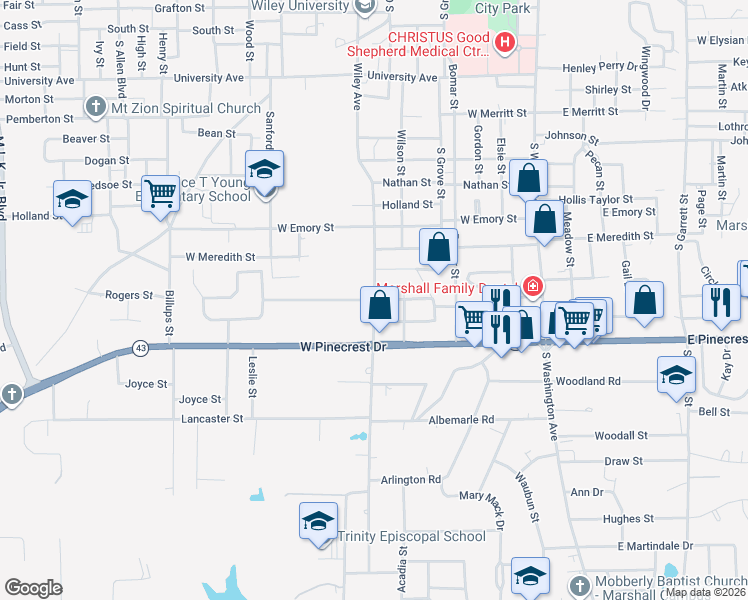 map of restaurants, bars, coffee shops, grocery stores, and more near 1999 Rosborough Springs Rd in Marshall