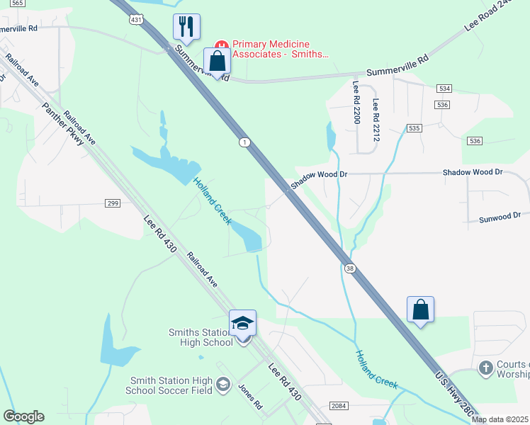 map of restaurants, bars, coffee shops, grocery stores, and more near 19707 Alabama 1 in Smiths Station
