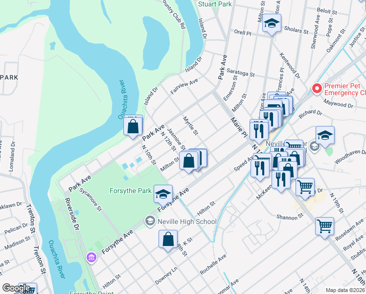 map of restaurants, bars, coffee shops, grocery stores, and more near 2354 Jasmine Street in Monroe