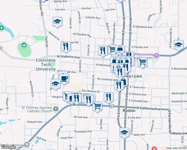 map of restaurants, bars, coffee shops, grocery stores, and more near 13 South Homer Street in Ruston