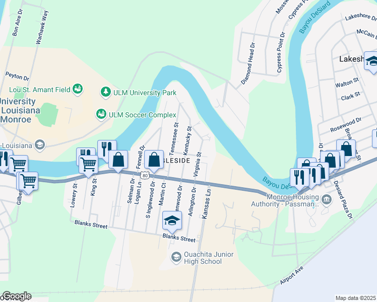 map of restaurants, bars, coffee shops, grocery stores, and more near 200 Kentucky Street in Monroe
