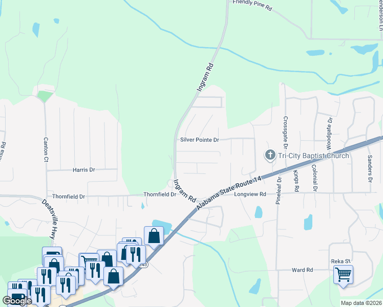 map of restaurants, bars, coffee shops, grocery stores, and more near 54 Silver Pointe Drive in Elmore