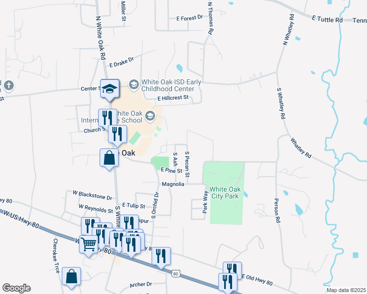 map of restaurants, bars, coffee shops, grocery stores, and more near 313 East Maple Street in White Oak