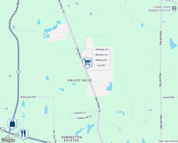 map of restaurants, bars, coffee shops, grocery stores, and more near 132 Hillside Cir in West Monroe