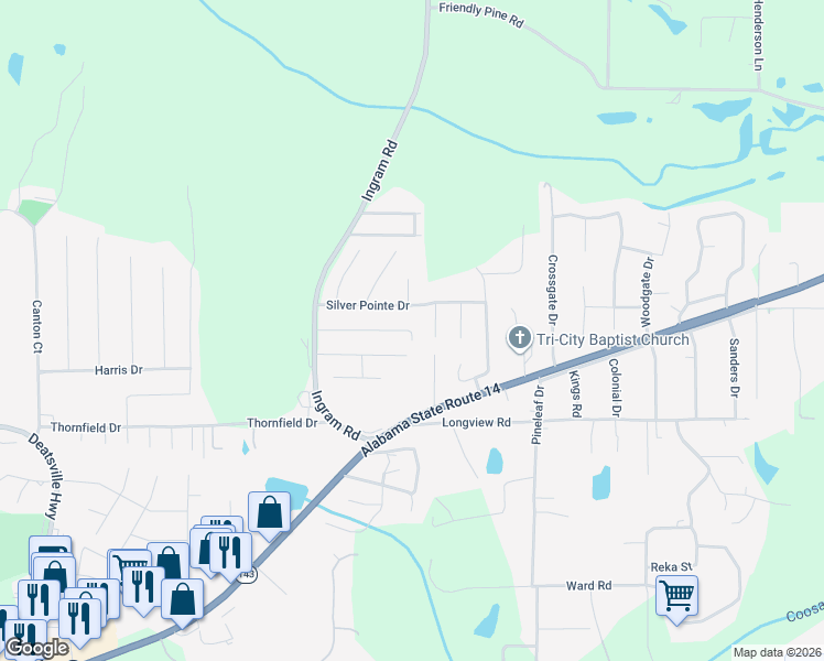 map of restaurants, bars, coffee shops, grocery stores, and more near 192 Pine Meadows Circle in Elmore