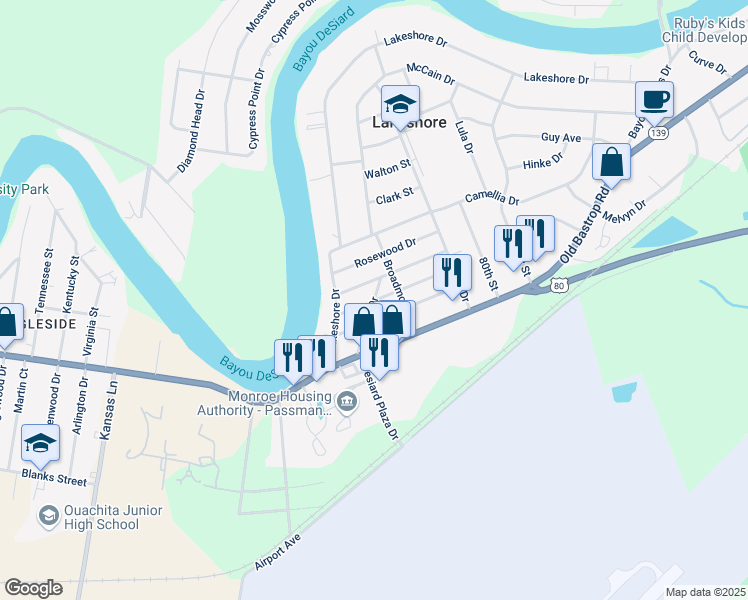 map of restaurants, bars, coffee shops, grocery stores, and more near 106 Azalea Dr in Monroe