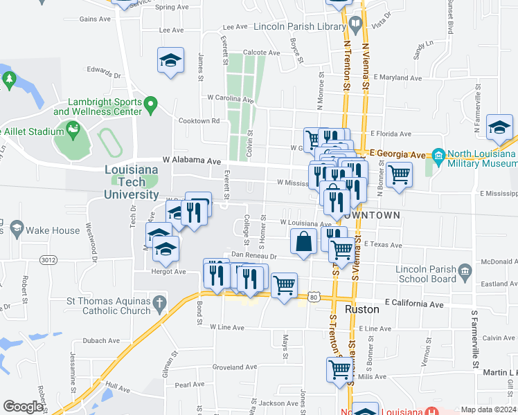 map of restaurants, bars, coffee shops, grocery stores, and more near 107 North Homer Street in Ruston