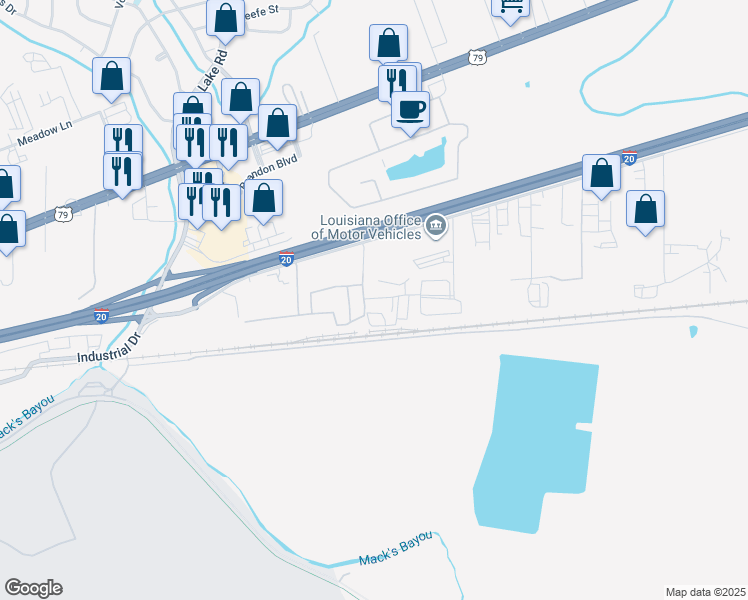 map of restaurants, bars, coffee shops, grocery stores, and more near 4908 Industrial Drive Extension in Bossier City