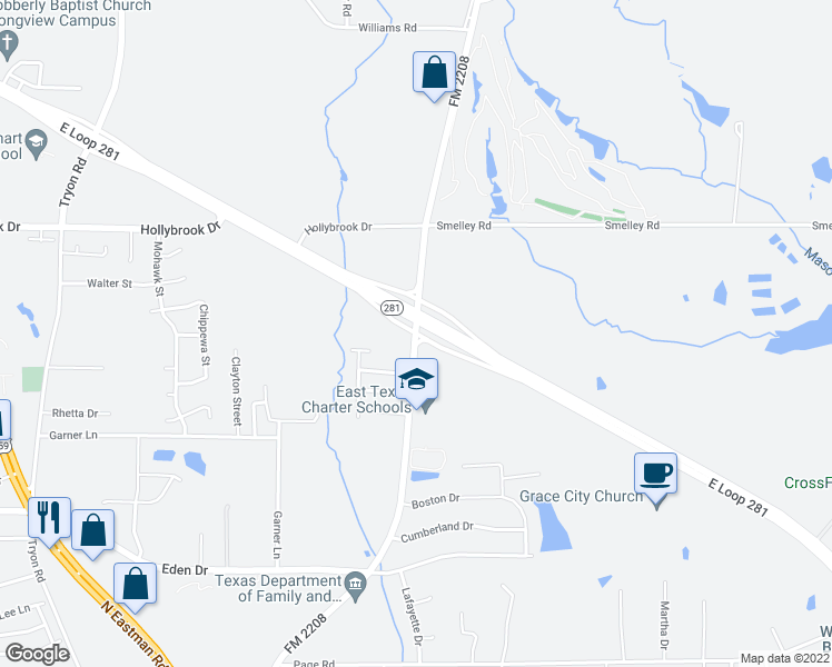 map of restaurants, bars, coffee shops, grocery stores, and more near 2498 Jefferson Road in Longview