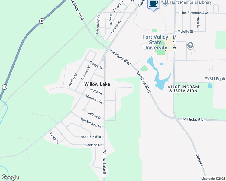 map of restaurants, bars, coffee shops, grocery stores, and more near 275 Willow Lake Road in Fort Valley