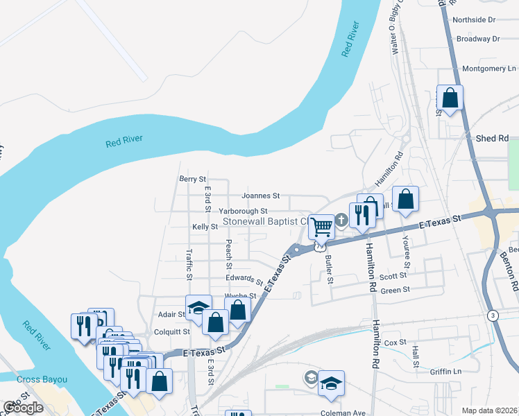 map of restaurants, bars, coffee shops, grocery stores, and more near 600 Joannes Street in Bossier City