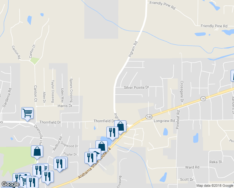 map of restaurants, bars, coffee shops, grocery stores, and more near 13 Pine Meadows Circle in Elmore